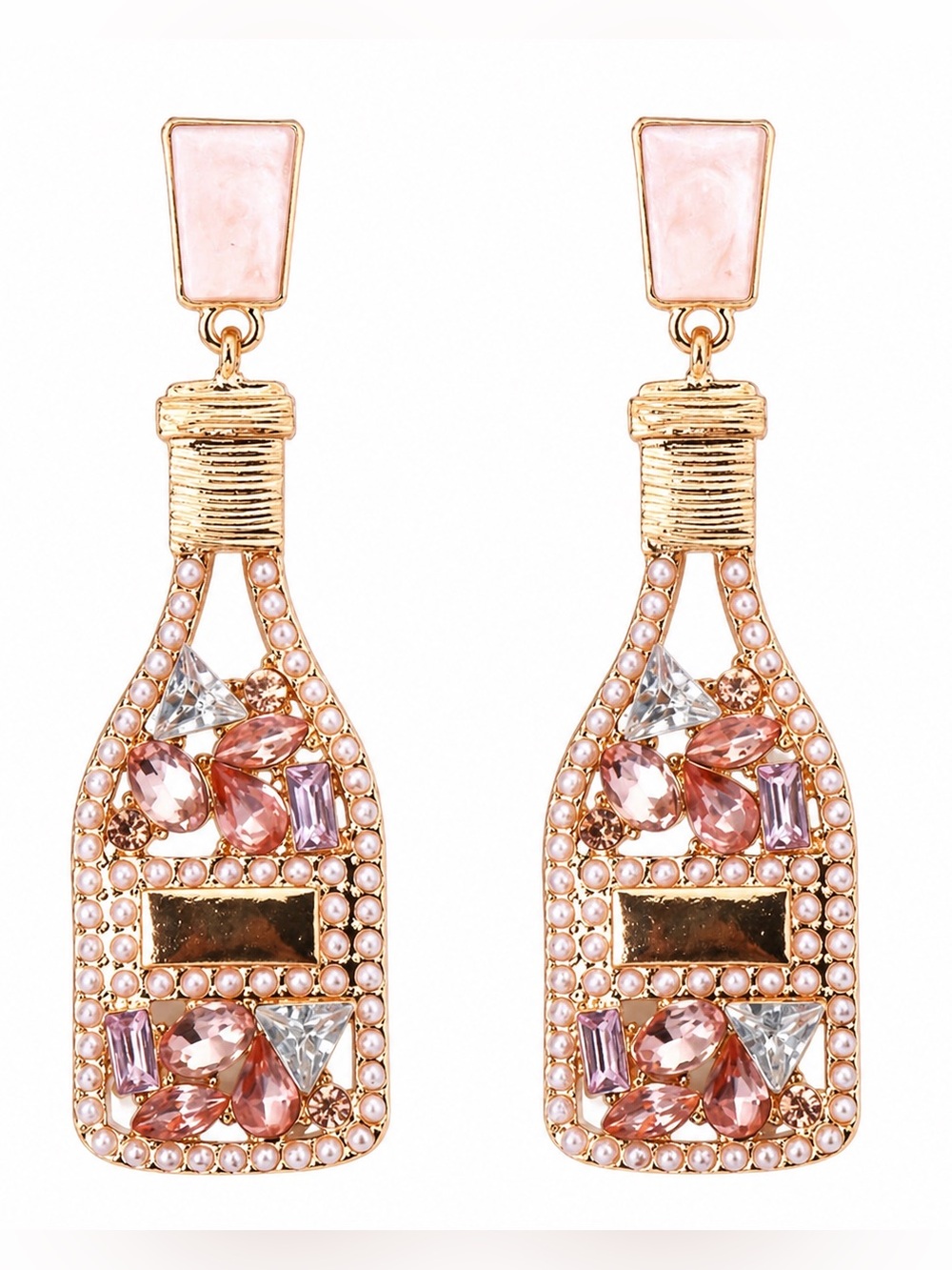 Pink Champagne Bottle Rhinestone Statement Earrings